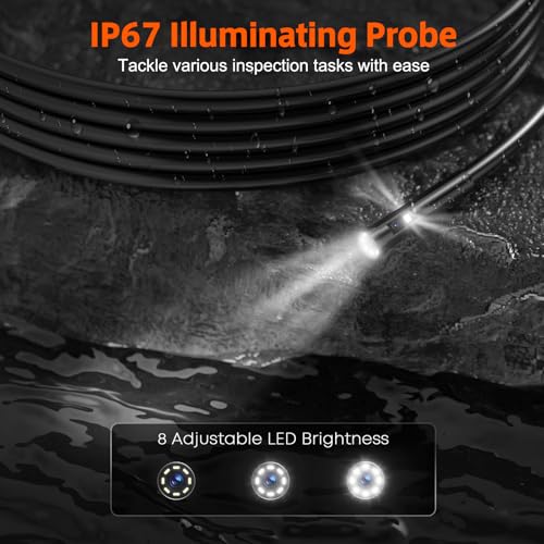 Triple Lens Sewer Camera with 50ft, 5" IPS Screen Borescope with Light, 1080P HD Endoscope IP67 Drain Pipe Snake Drain Camera, 32G Card Semi-Rigid Cable for Plumbing Inspection + Case X68463