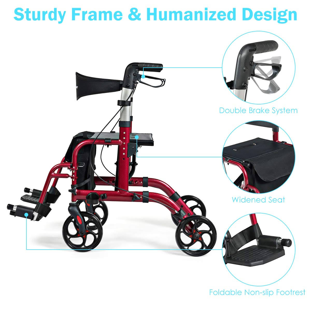 Red Aluminum Adjustable Rollator Walker E9862