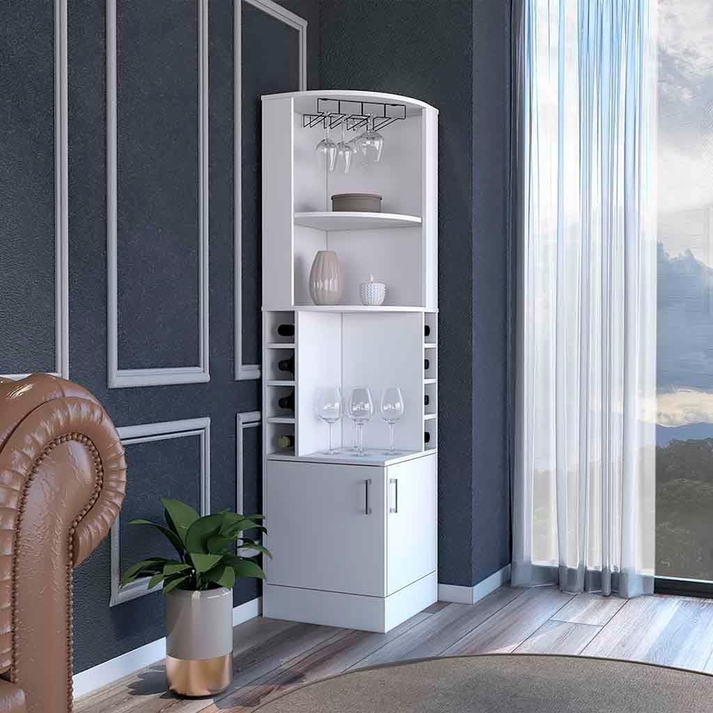 White Tall Corner Bar Storage Cabinet with Wine Rack F27405