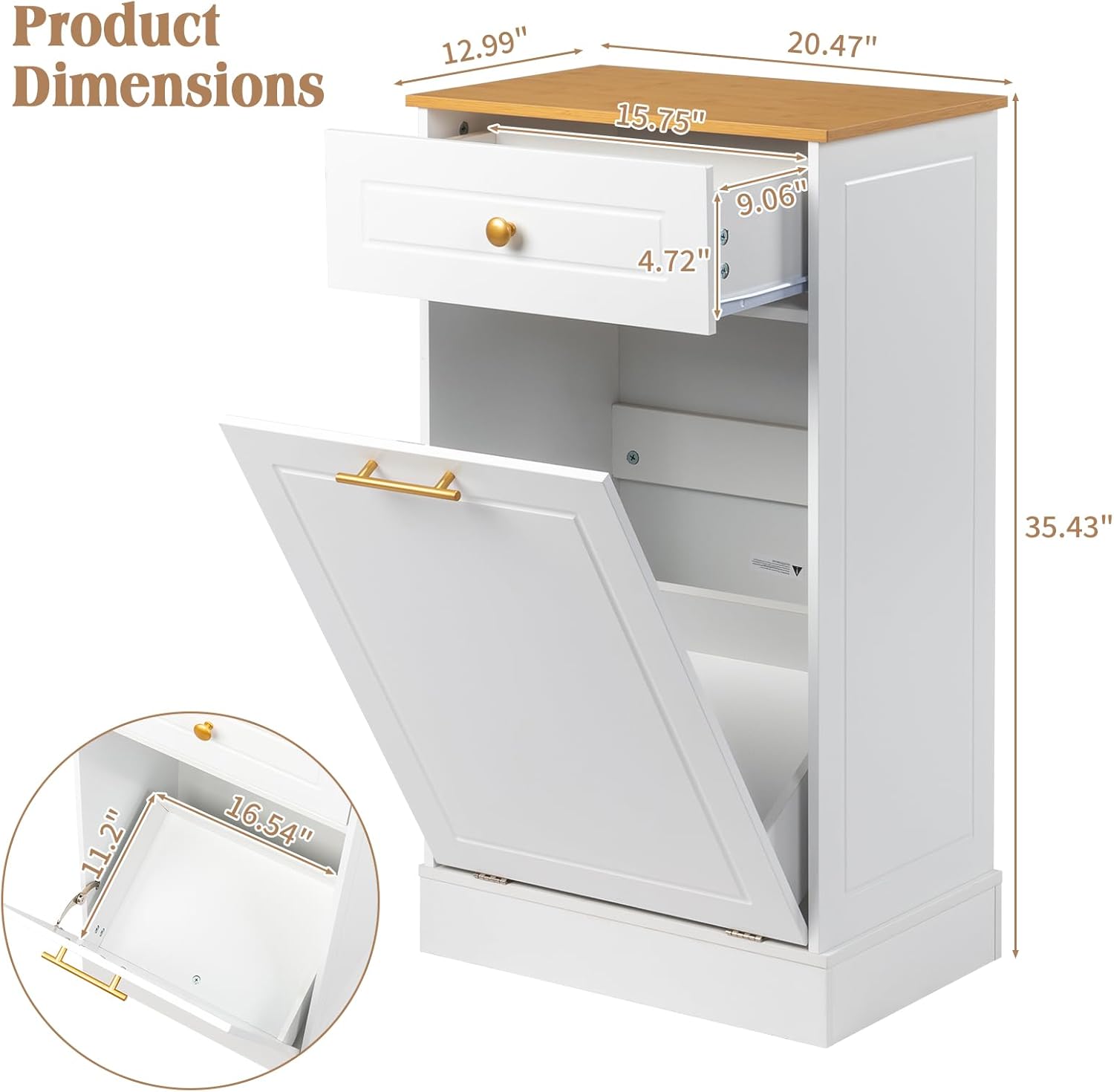 White Tilt Out Laundry Hamper Cabinet with Drawer K152510