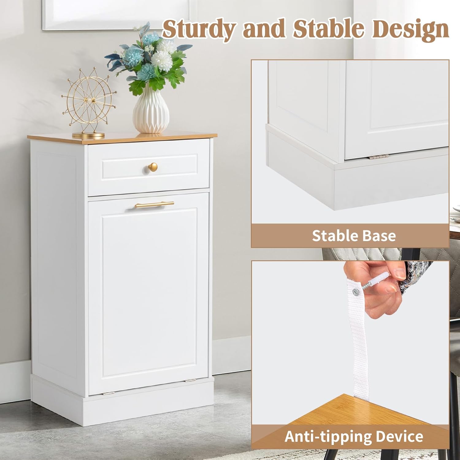 White Tilt Out Laundry Hamper Cabinet with Drawer K152510
