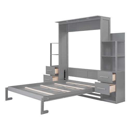 Gray Queen Murphy Bed with Storage Shelves, Drawers and LED Light, Wood Foldable Wall Bed Frame D469068