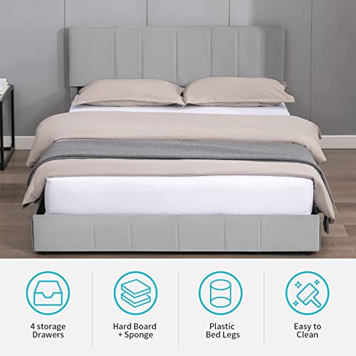 Full Bed Frame with 4 Storage Drawers, Upholstered Storage Bed Platform with Adjustable Headboard, Velvet Fabric (Beige) T643