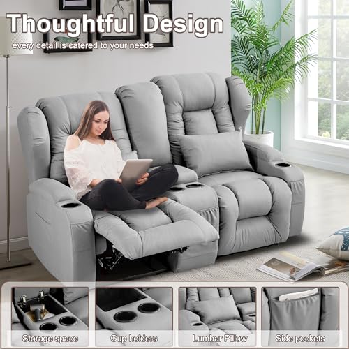 Beige Manual Reclining Loveseat Sofa with Console and Cup Holders M1182