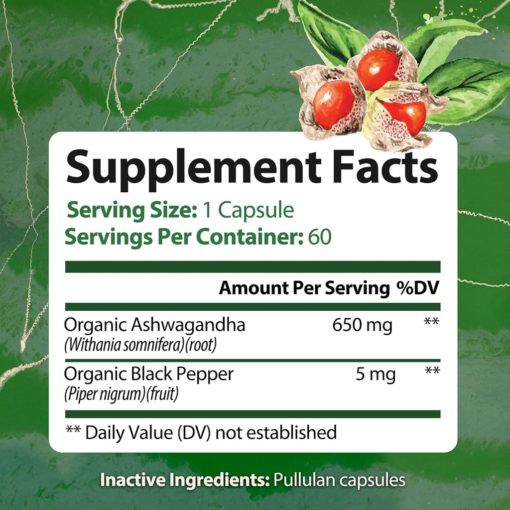Pure Organic Ashwagandha Powder Supplement, 60 Vegan Capsules W40337