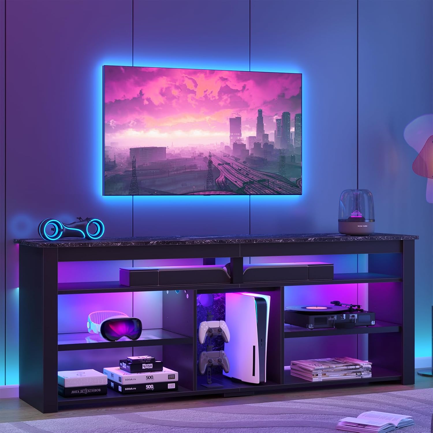 Black Marble TV Stand with 2 Led Lights L99813