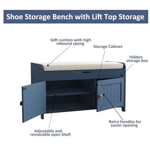 Blue Wood Shoe Storage Bench with Cushioned Seat C113