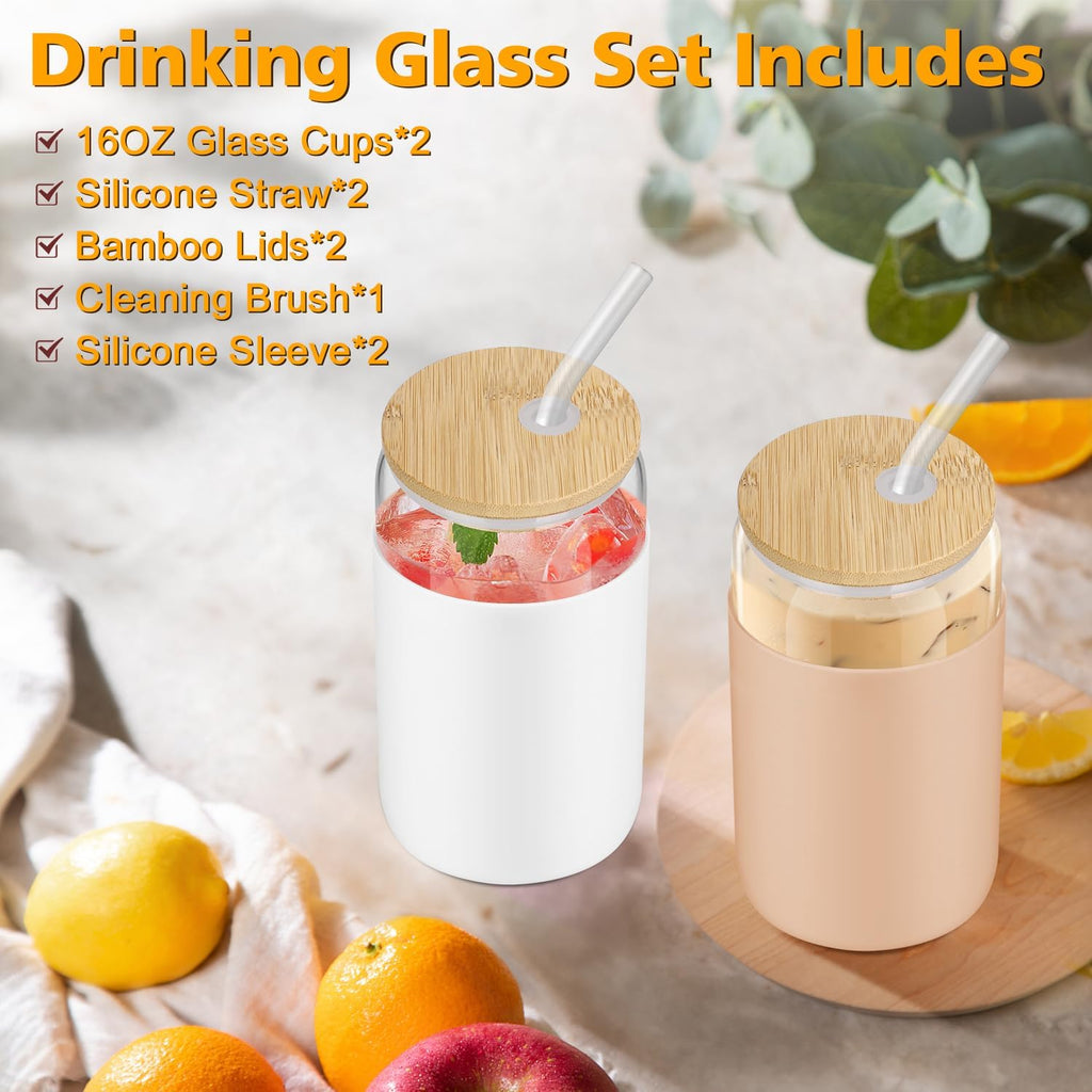 16OZ Glass Cups with Bamboo Lids and Straws 2 Pack S3089