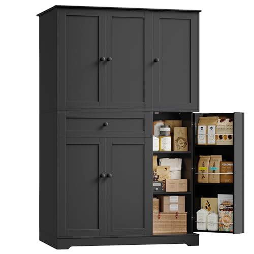 White Tall Kitchen Pantry Storage Cabinet with Doors and Shelves and Drawer H490315