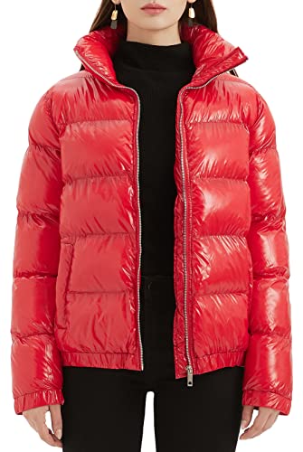 Metallic Shiny Puffer Jacket Quilted Winter Warm Zip Stand Collar Padded Short Bubble Coat L351218