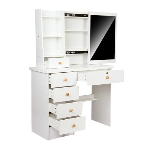 White Makeup Vanity Desk with Mirror and Storage Drawer J8382
