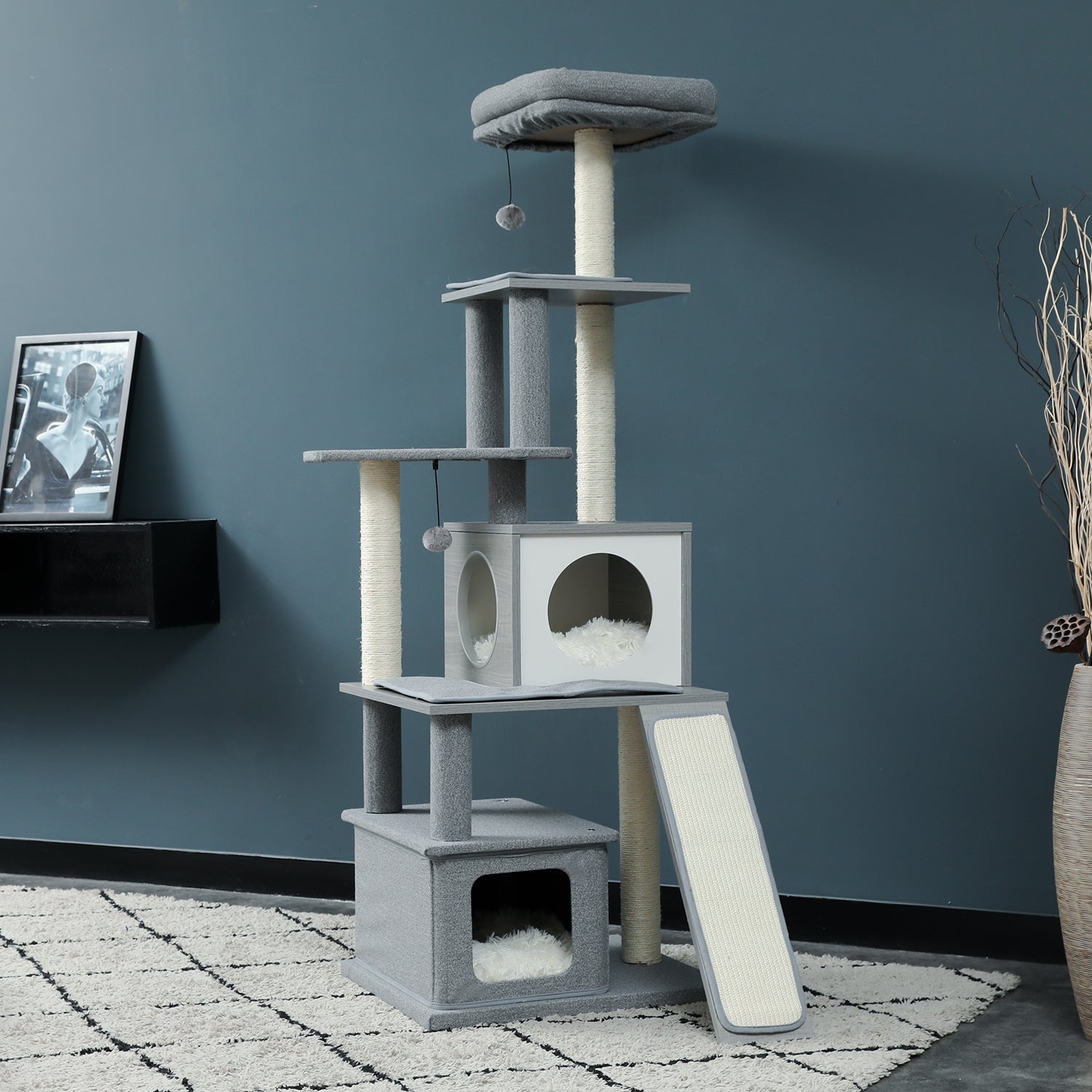 Grey Wood Cat Tree with Sisal Scratching Post Q900165
