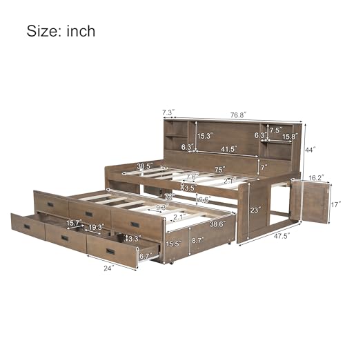 Full Size White Solid Wood Storage Daybed with Trundle Drawers Bookcase M61460
