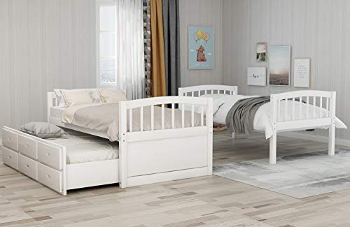 Twin Over Twin Bunk Bed with Storage Drawers and Trundle, Solid Wood (White) P60402