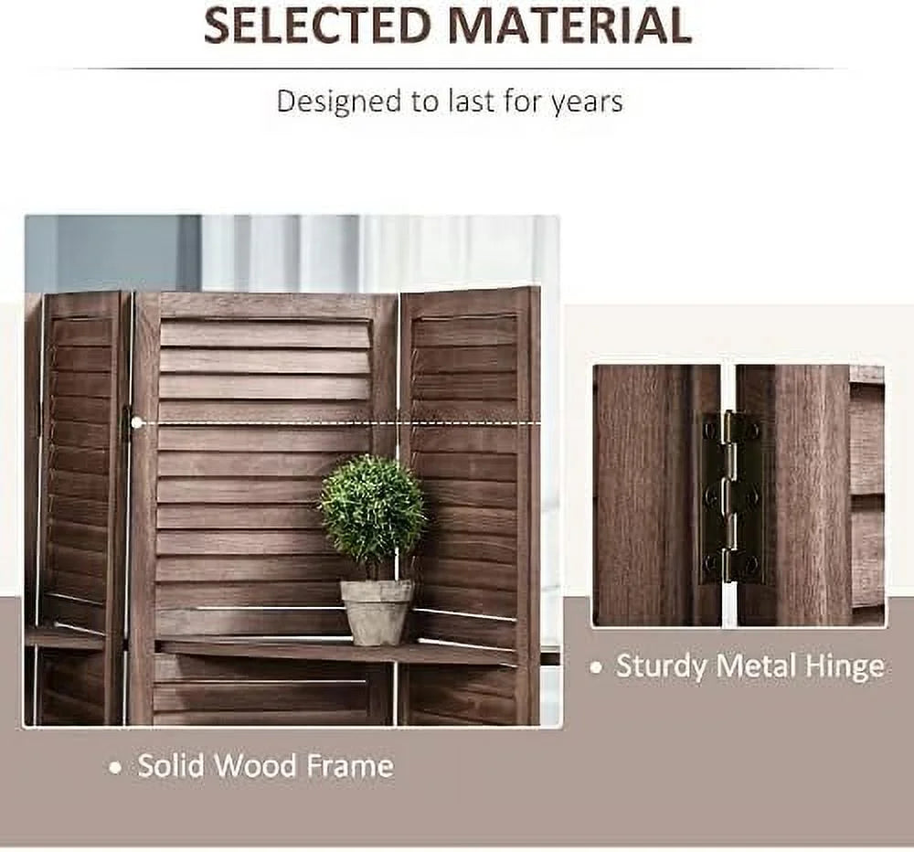 4-Panel Folding Room Divider 5.6 Ft Freestanding Paulownia Wood Privacy Screen Panel with Shelves Walnut P679