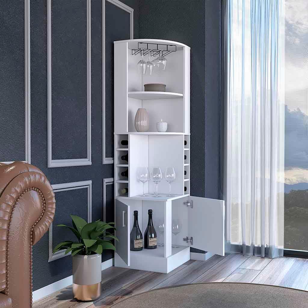 White Tall Corner Bar Storage Cabinet with Wine Rack F27405