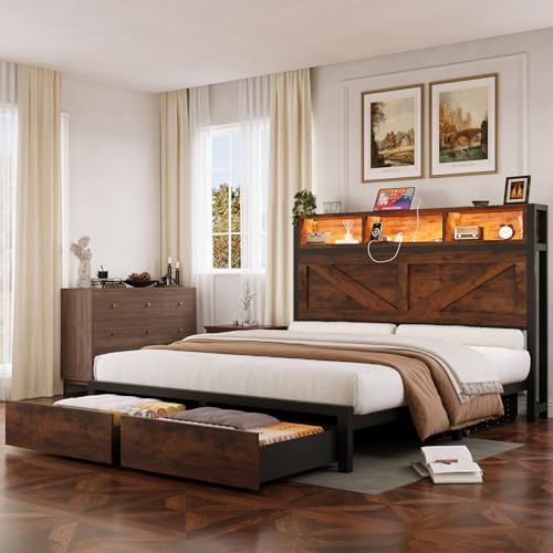 Brown Full Bed Frame with Bookcase Storage Headboard and 2 Storage Drawers Q581