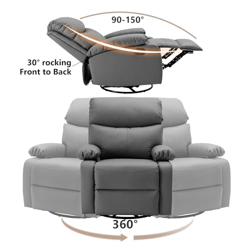 Genuine Leather Swivel Rocker Recliner Chair, Dark Grey S423208