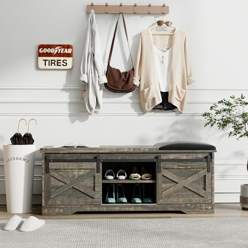Antique Gray 2-Tier Shoe Bench with Storage and Padded Cushion C849079
