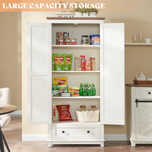 White Tall Kitchen Pantry Storage Cabinet with Adjustable Shelves and Drawer O614