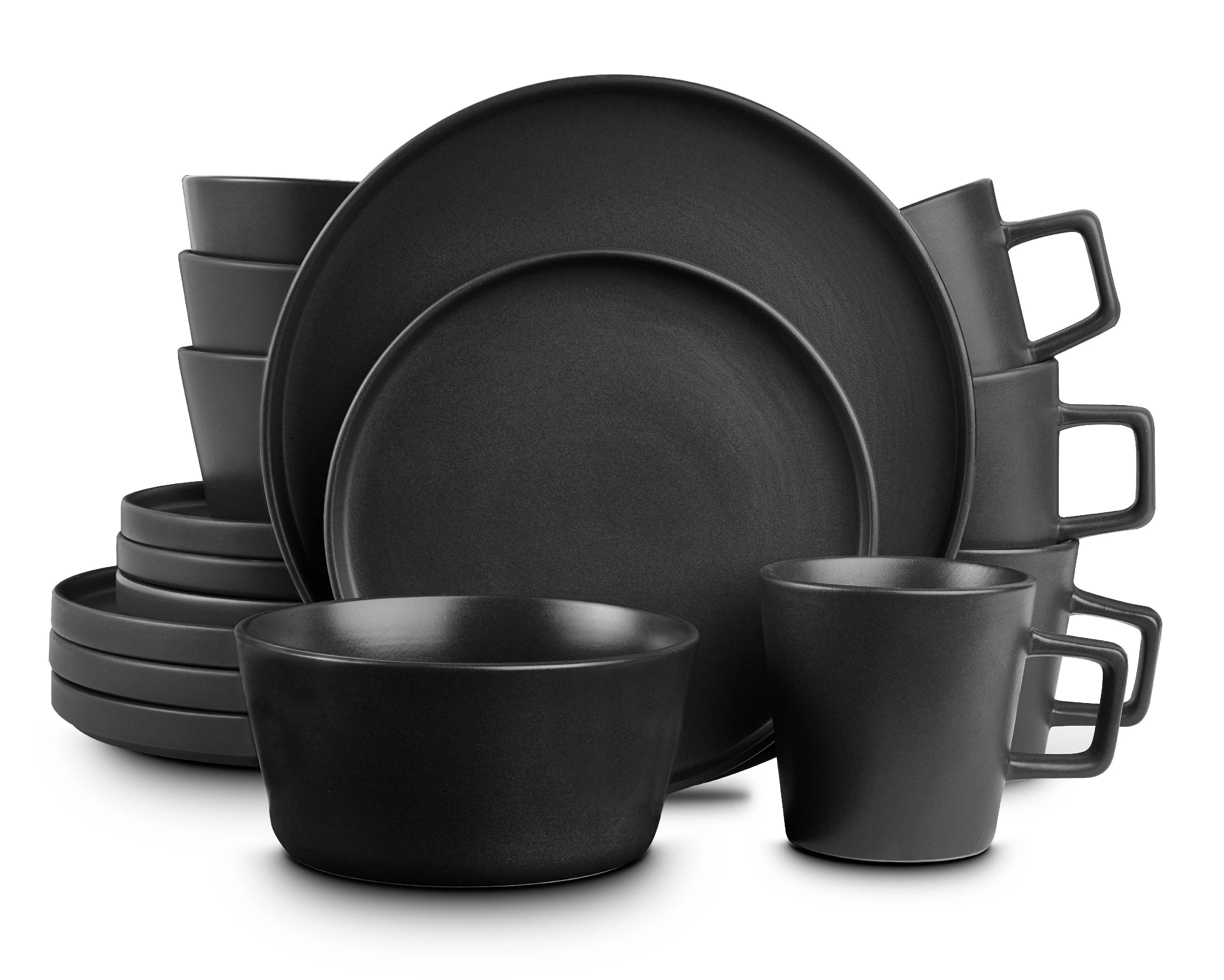 16 Pieces Stoneware Dinnerware Set, Service for 4 in Black Matte O70509