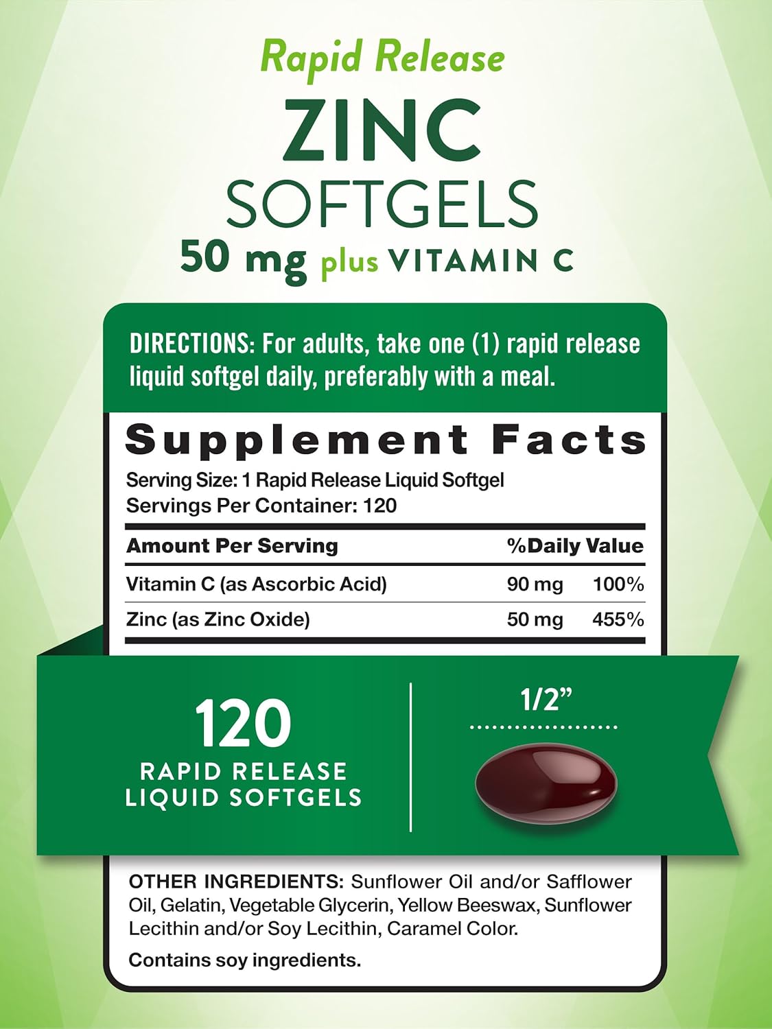 Zinc with Vitamin C 50mg 120 Softgels Supplement X6430