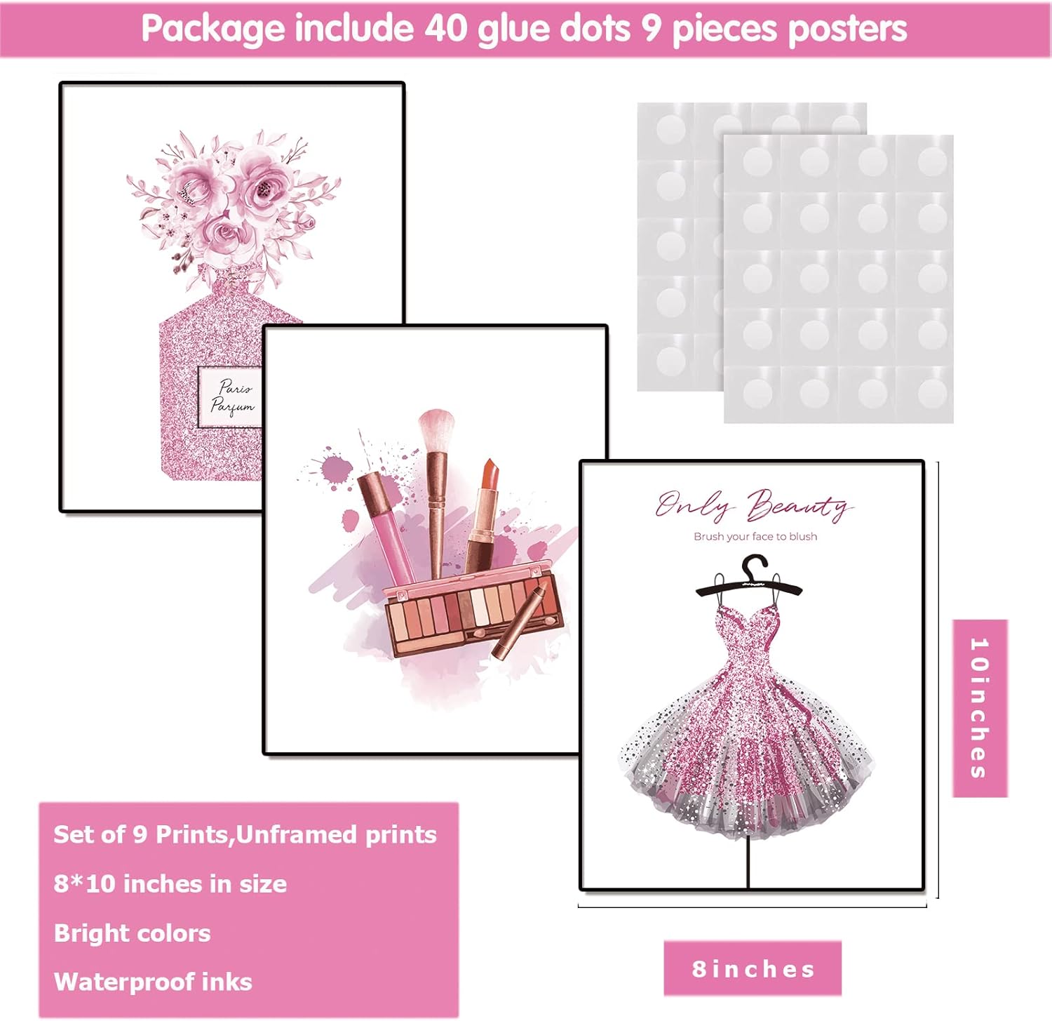 Pink Flower Perfume Fashion Paris Wall Art Prints Set of 9 Unframed L623913