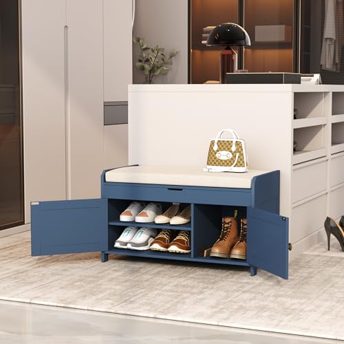 Blue Wood Shoe Storage Bench with Cushioned Seat C113