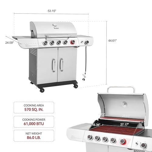 5 Burner Propane Gas Grill with Side Burner & Sear Burner, Stainless Steel C37811