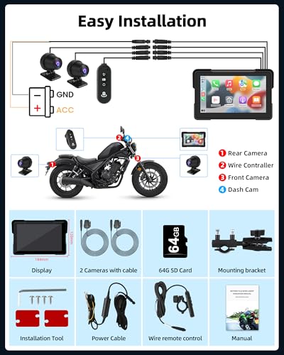 7 inch Motorcycle DVR Wireless Carplay Screen with Dual 2K Cameras GPS Navigation H464