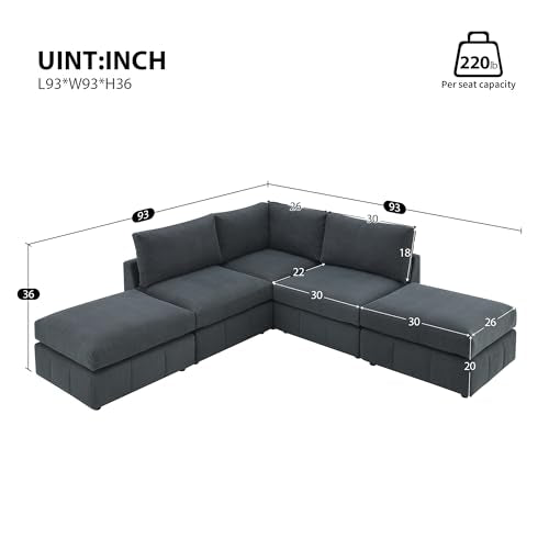 Dark Grey Corduroy 5-Seat L Sectional Sofa with 2 Ottomans O11454