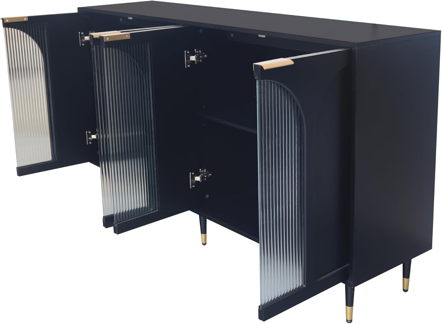 Black Lacquered Wood Buffet Cabinet with 4 Fluted Glass Doors and Metal Legs N3275
