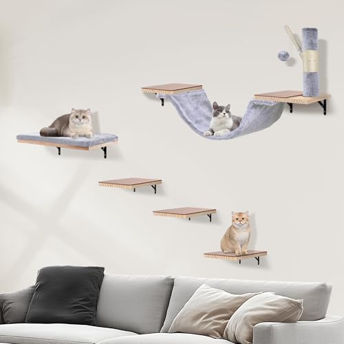 Beige Cat Wall Furniture Set with Hammock and Scratching Post E634