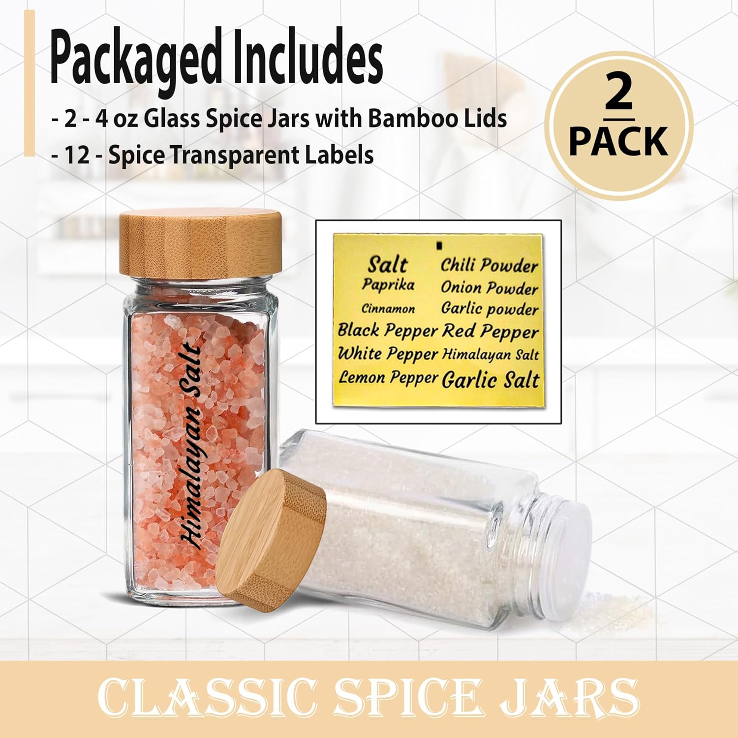 2 Pack 4 oz Clear Square Glass Spice Jars with Bamboo Airtight Lids and Shaker Lids V869