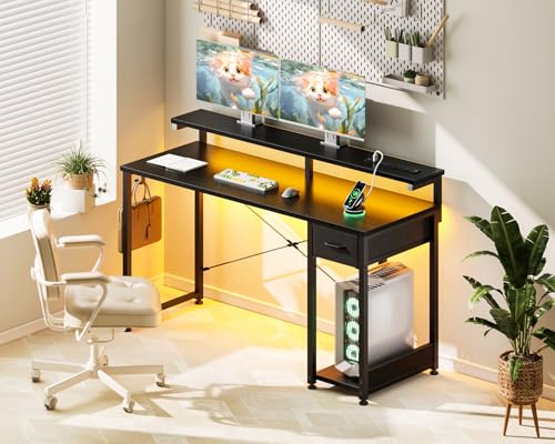 Black 40 Inch Computer Desk with LED Lights, Power Outlet, Drawer, Monitor Stand, Headphone Hook E557