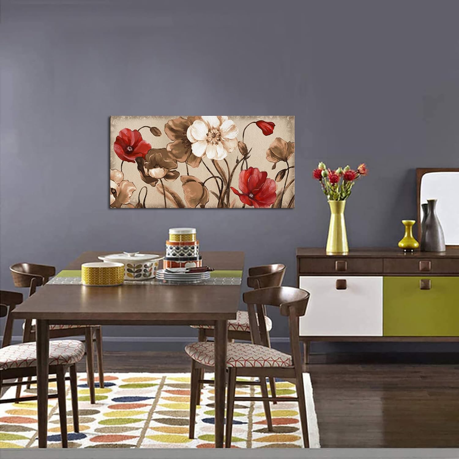 Red and Brown Flowers Painting on Canvas Vintage Wall Art D2902