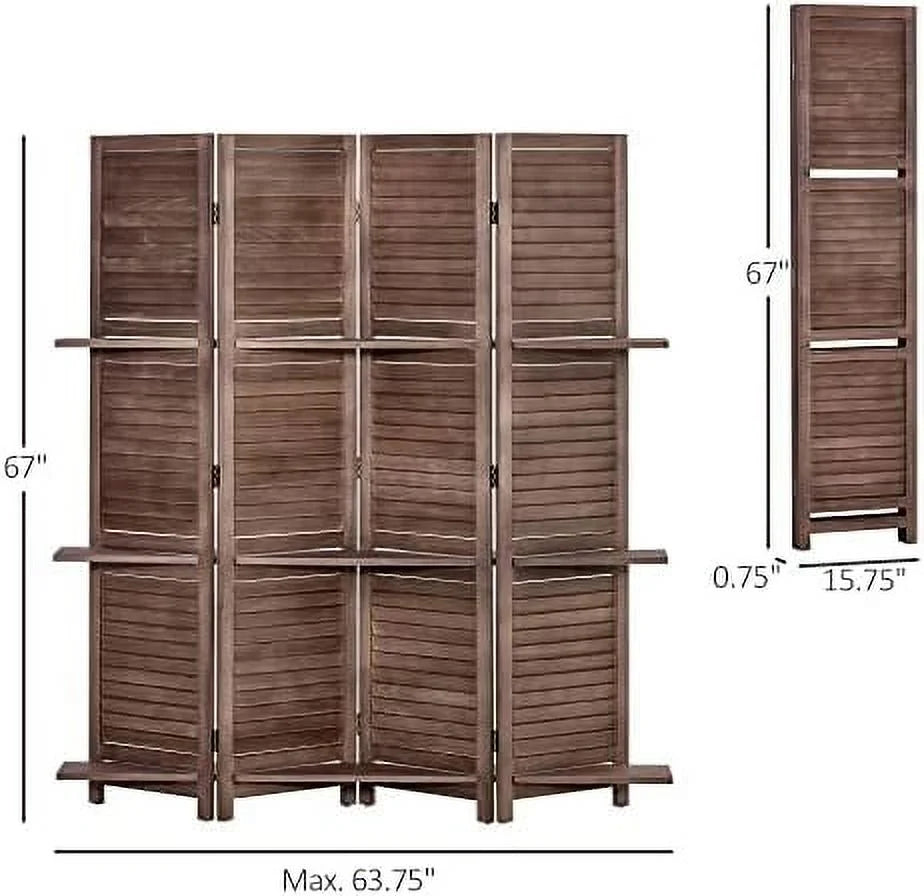 4-Panel Folding Room Divider 5.6 Ft Freestanding Paulownia Wood Privacy Screen Panel with Shelves Walnut P679