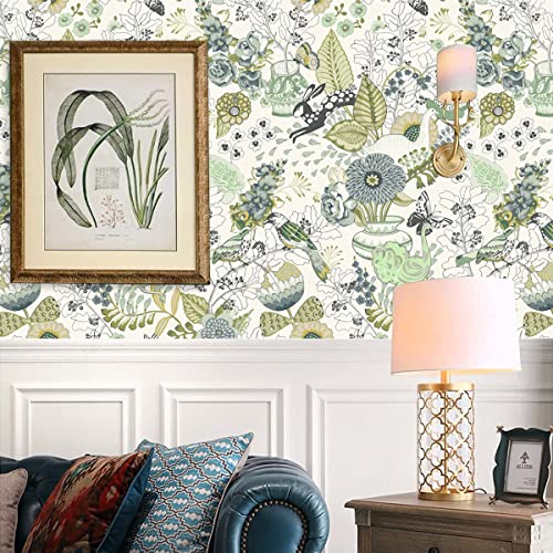 Green Floral Peel and Stick Wallpaper 17.7inch × 118.1inch C31567