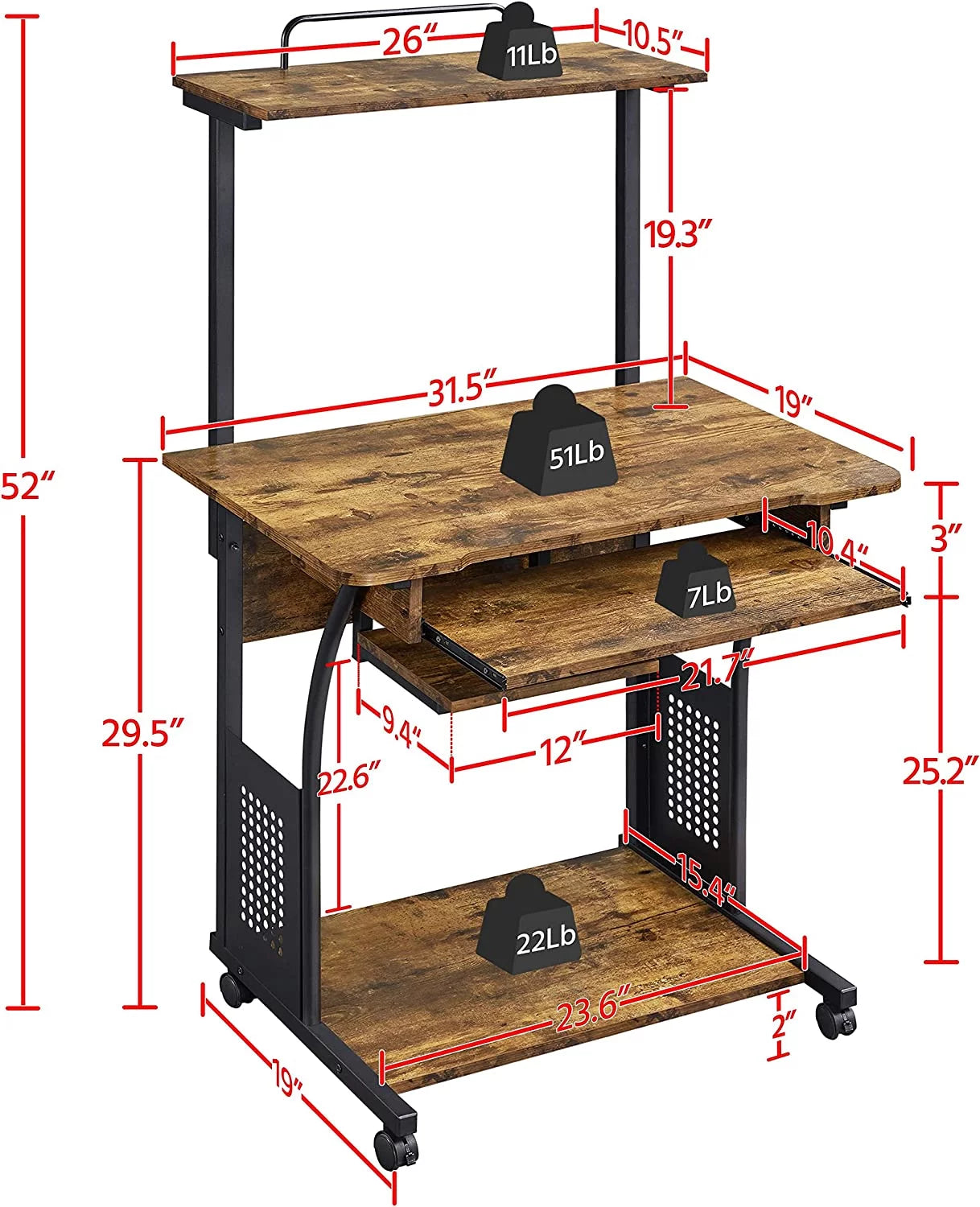 3 Tiers Rolling Computer Desk with Keyboard Tray and Printer Shelf, Rustic Brown R337077