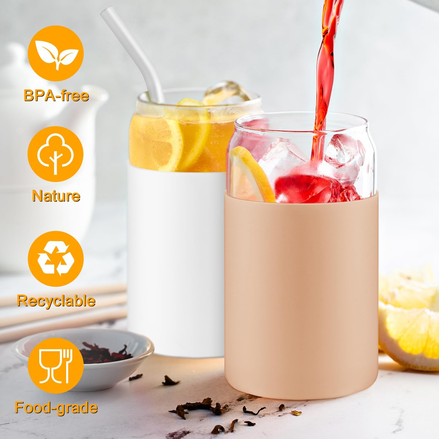 16OZ Glass Cups with Bamboo Lids and Straws 2 Pack S3089