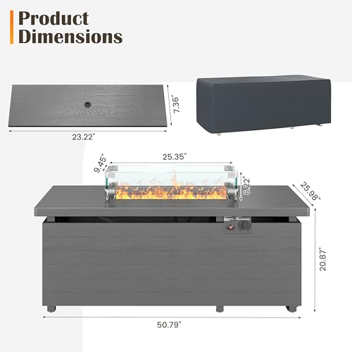 Gray Rectangle Propane Fire Pit Table with Glass Wind Guard, Rain Cover, Removable Lid B4938