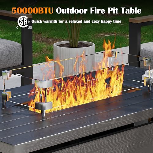 Gray Rectangle Propane Fire Pit Table with Glass Wind Guard, Rain Cover, Removable Lid B4938