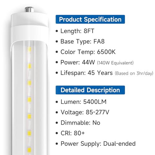 20-Pack 8FT LED Bulbs, 44W 6500K Daylight, FA8 Single Pin V5125