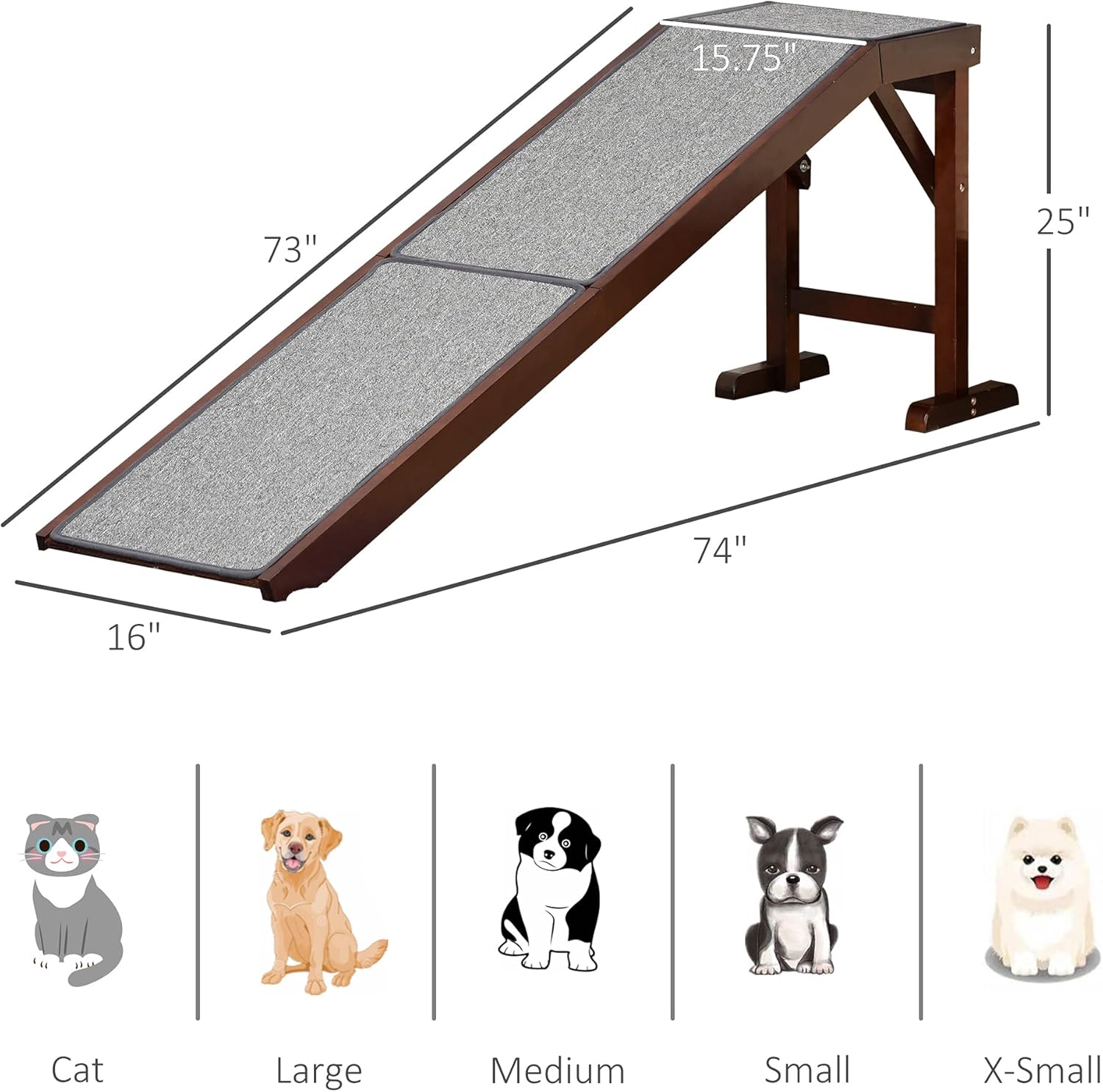 Non-Slip Carpet Top Pine Wood Pet Ramp, Brown Grey G7234