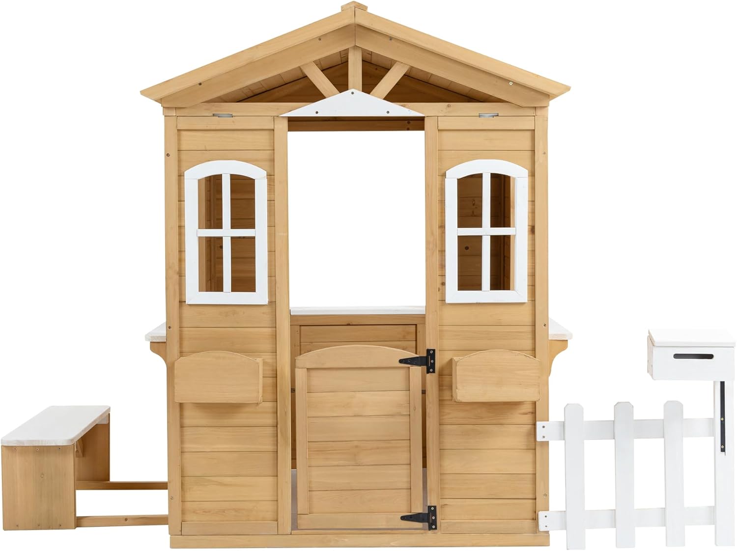 Wooden Playhouse with Door, Windows, Mailbox, Bench, Flowers Pot Holder, 39" x 38" x 55.5" N89446