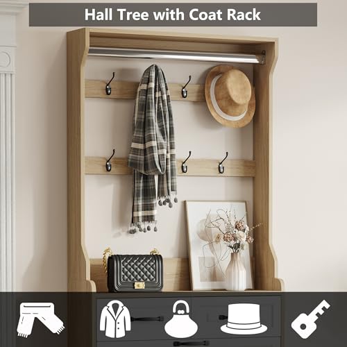 Rustic White Wooden Hall Tree with 5 Coat Hooks and 2 Shoes Cabinets G727545