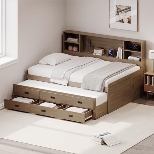 Full Size White Solid Wood Storage Daybed with Trundle Drawers Bookcase M61460