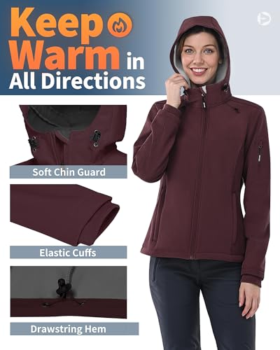 Women's Softshell Jacket with Hood Fleece Lined Waterproof Insulated Windbreaker U412661