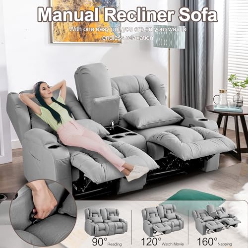 Beige Manual Reclining Loveseat Sofa with Console and Cup Holders M1182