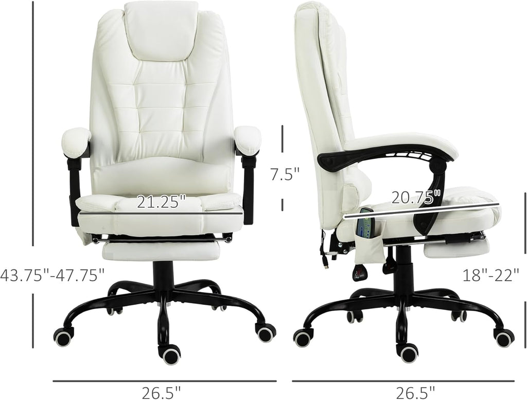 White PU Leather High Back Reclining Office Chair with Massage Foot Rest Heated X1476